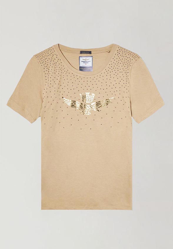 T-SHIRT Z DŻETAMI I LOGO BRĄZOWY