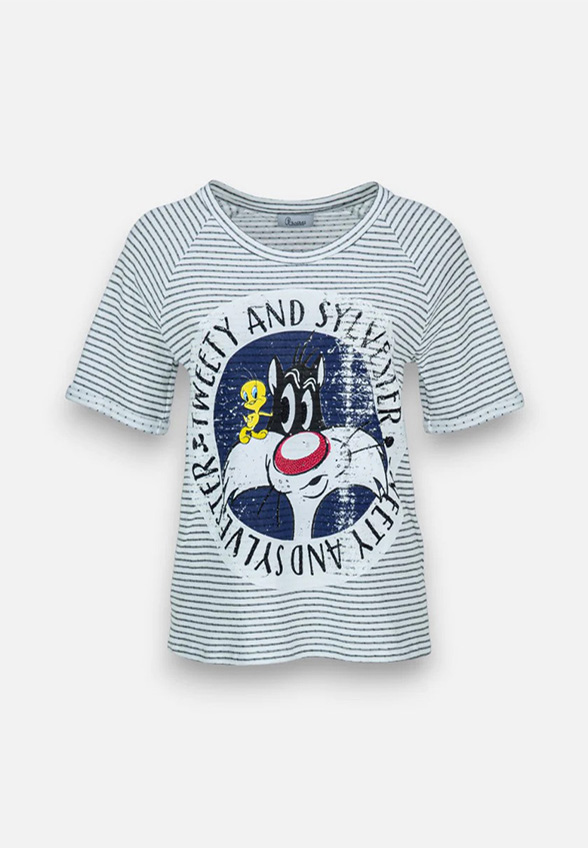 T-SHIRT W PASKI BIAŁO-GRANATOWY
