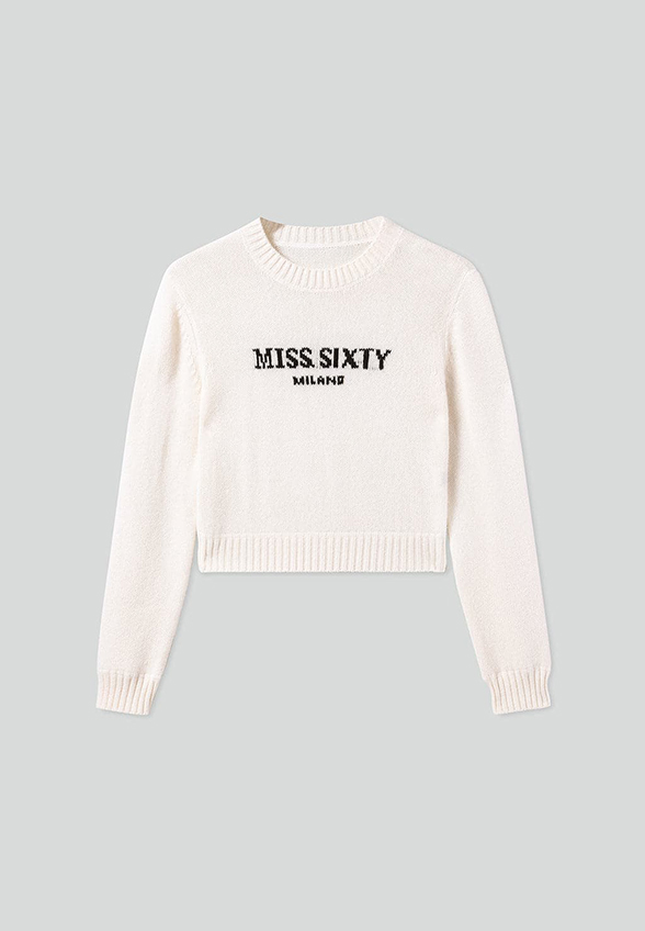 SWETER WEŁNIANO-KASZMIROWY Z ŻAKARDOWYM LOGO KREMOWY