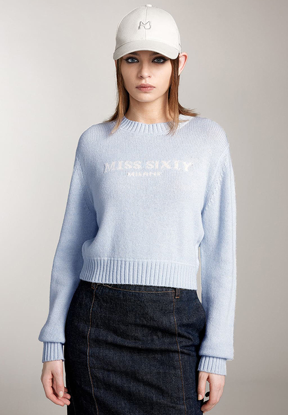 SWETER WEŁNIANO-KASZMIROWY Z ŻAKARDOWYM LOGO BŁĘKITNY
