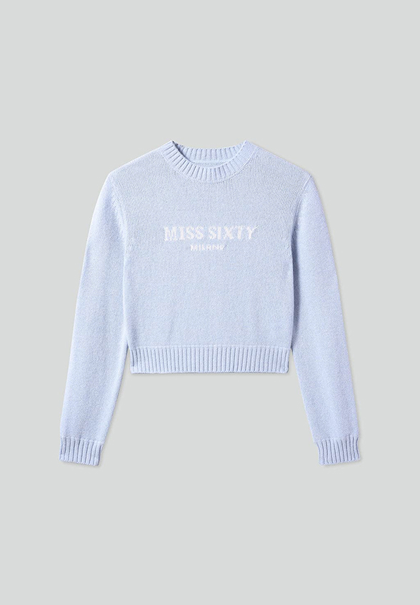 SWETER WEŁNIANO-KASZMIROWY Z ŻAKARDOWYM LOGO BŁĘKITNY