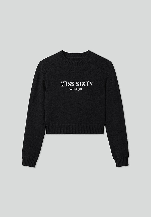 SWETER WEŁNIANO-KASZMIROWY Z ŻAKARDOWYM LOGO CZARNY