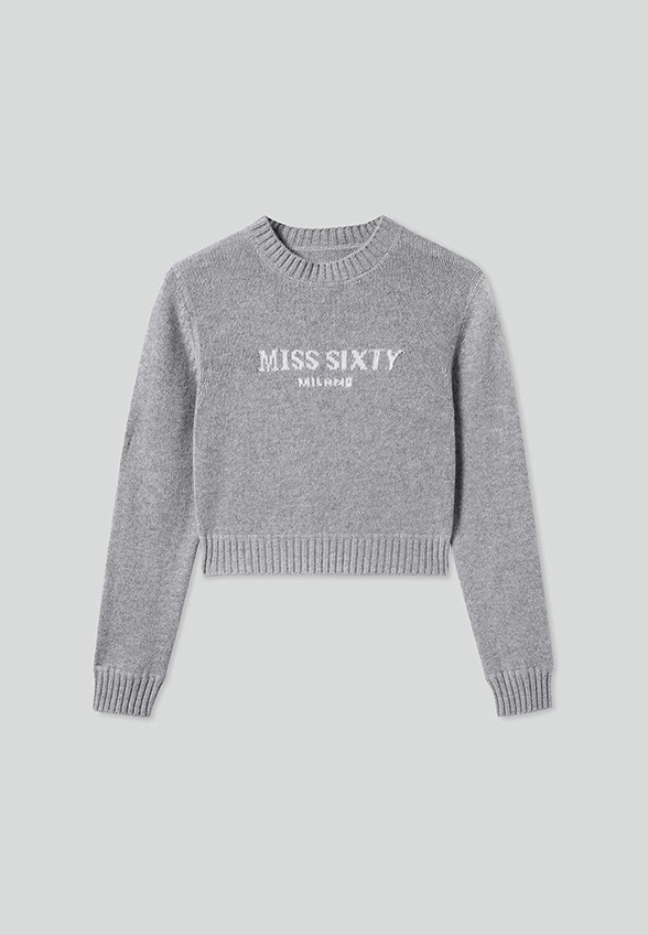 SWETER WEŁNIANO-KASZMIROWY Z ŻAKARDOWYM LOGO SZARY