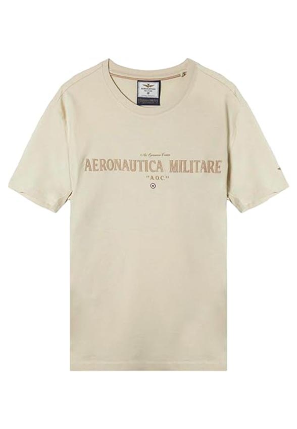T-SHIRT Z LOGO ZE SZTUCZNEJ SKÓRY KREMOWY