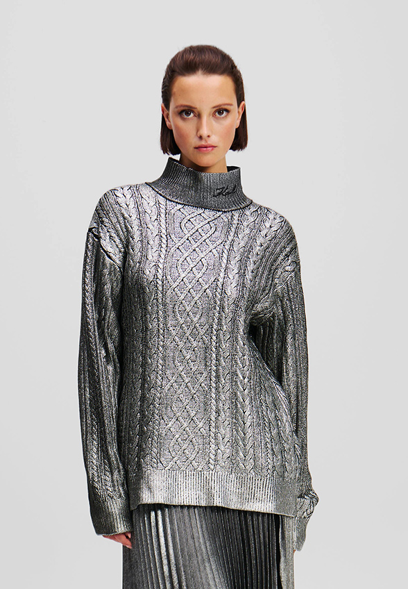 SWETER CABLE KNIT SREBRNY