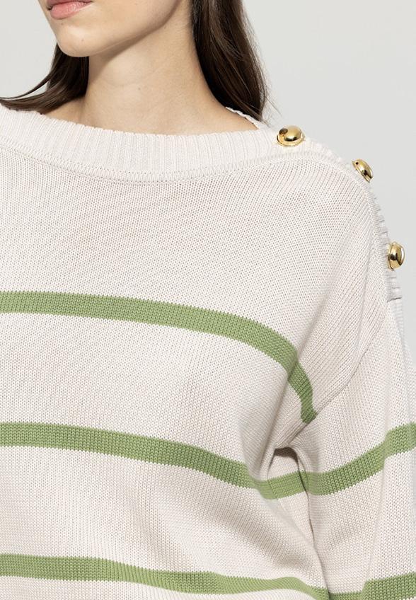 SWETER W PASKI KREMOWO-ZIELONY