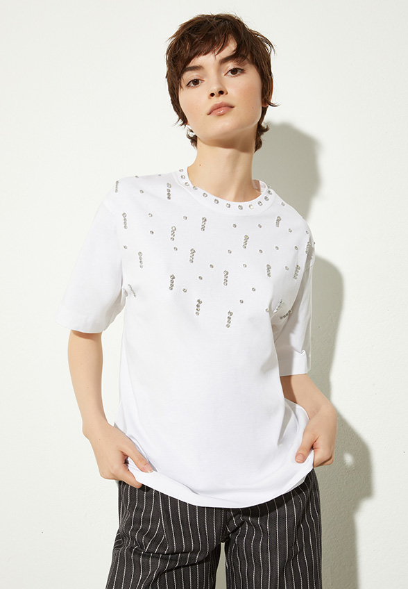 T-SHIRT RAGAZZA Z DŻETAMI BIAŁY