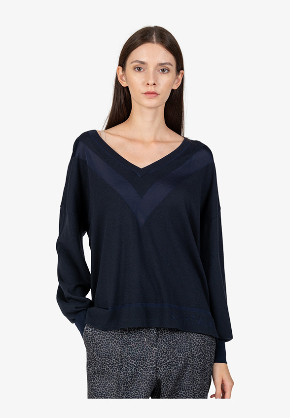 SWETER KASZMIROWY Z DEKOLTEM W V GRANATOWY