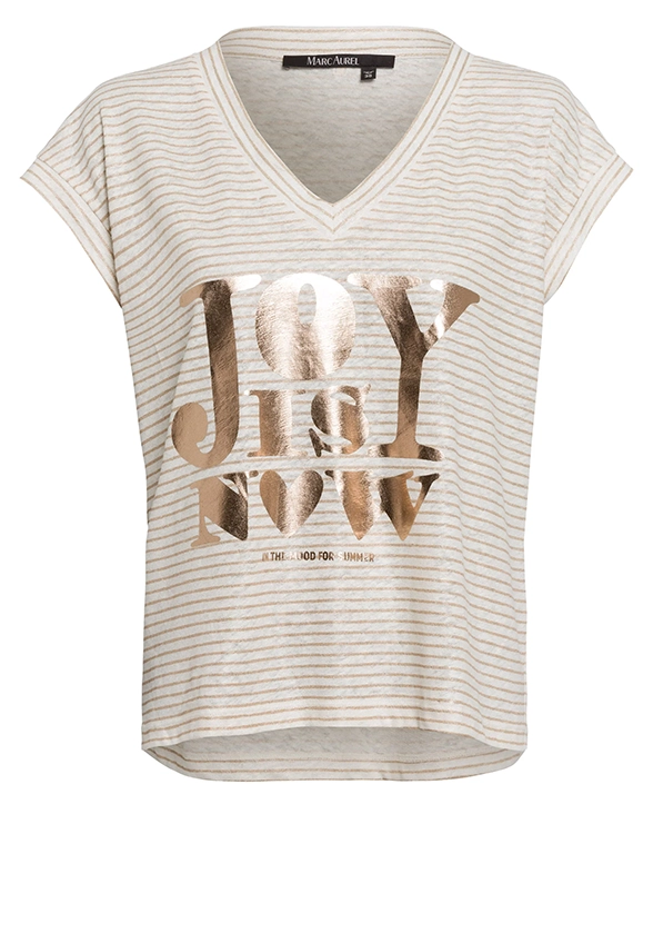 T-SHIRT LNIANY Z METALICZNYM NADRUKIEM BEŻOWY