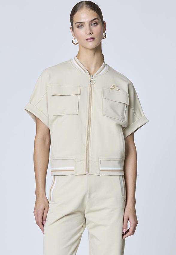 BLUZA Z KRÓTKIM RĘKAWEM JASNY BEŻ