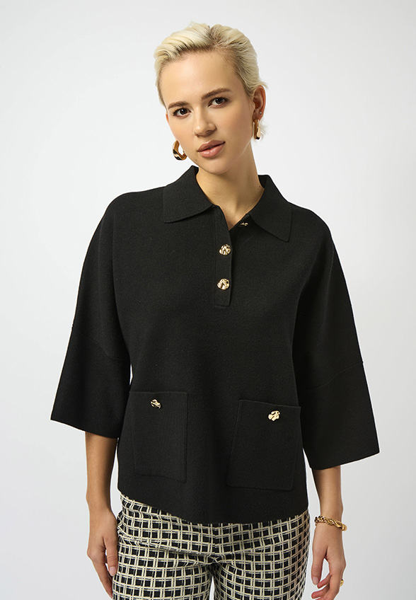 SWETER DZIANINOWY Z KOŁNIERZEM POLO CZARNY