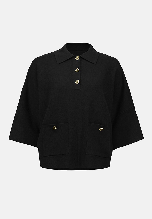 SWETER DZIANINOWY Z KOŁNIERZEM POLO CZARNY