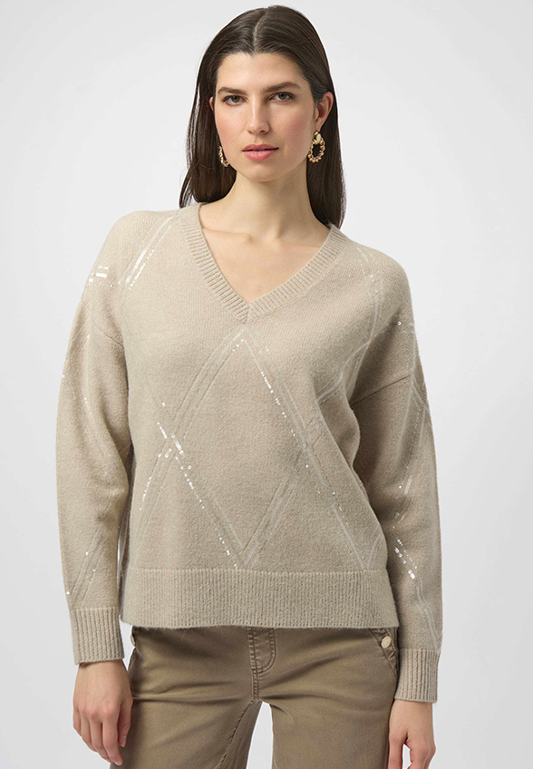 SWETER DZIANINOWY Z CEKINAMI BEŻOWY
