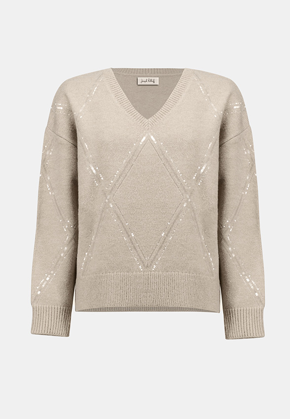 SWETER DZIANINOWY Z CEKINAMI BEŻOWY