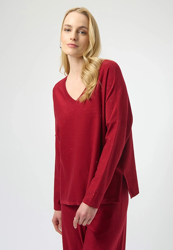 SWETER Z CEKINOWEJ DZIANINY CIEMNA CZERWIEŃ