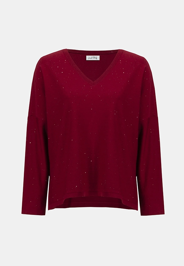 SWETER Z CEKINOWEJ DZIANINY CIEMNA CZERWIEŃ