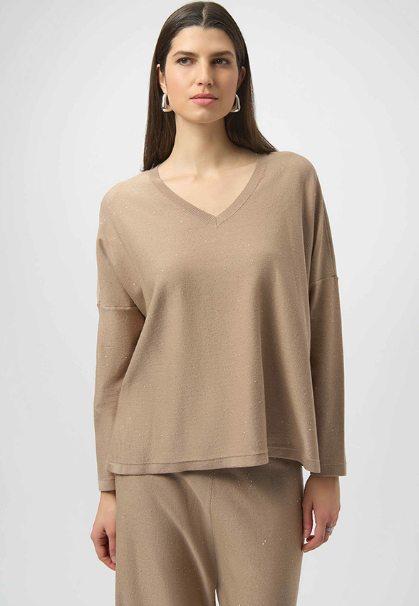 SWETER Z CEKINOWEJ DZIANINY BEŻOWY