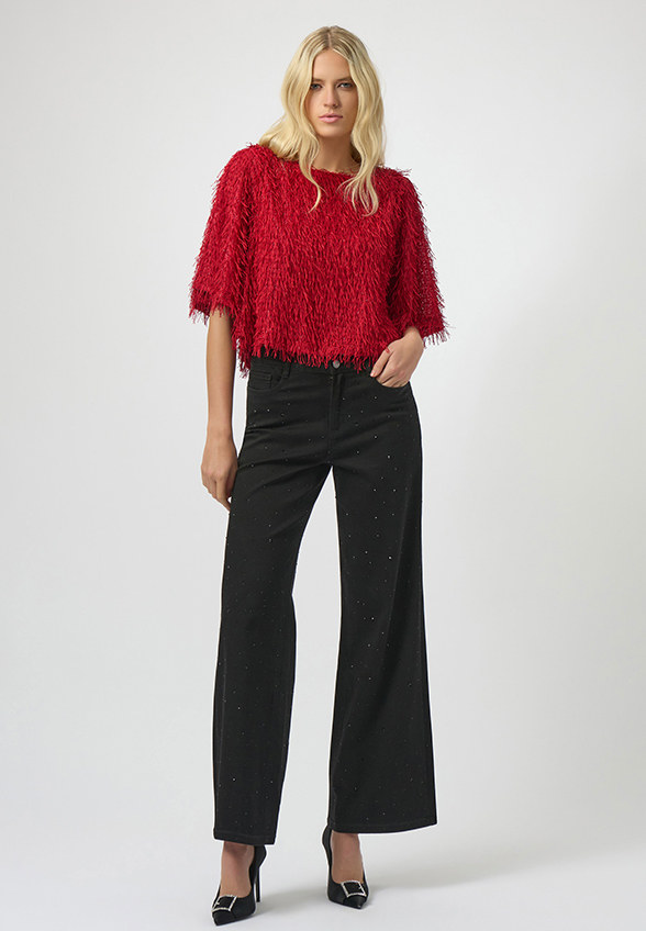 CROP TOP DZIANINOWY Z FRĘDZLAMI CIEMNA CZERWIEŃ