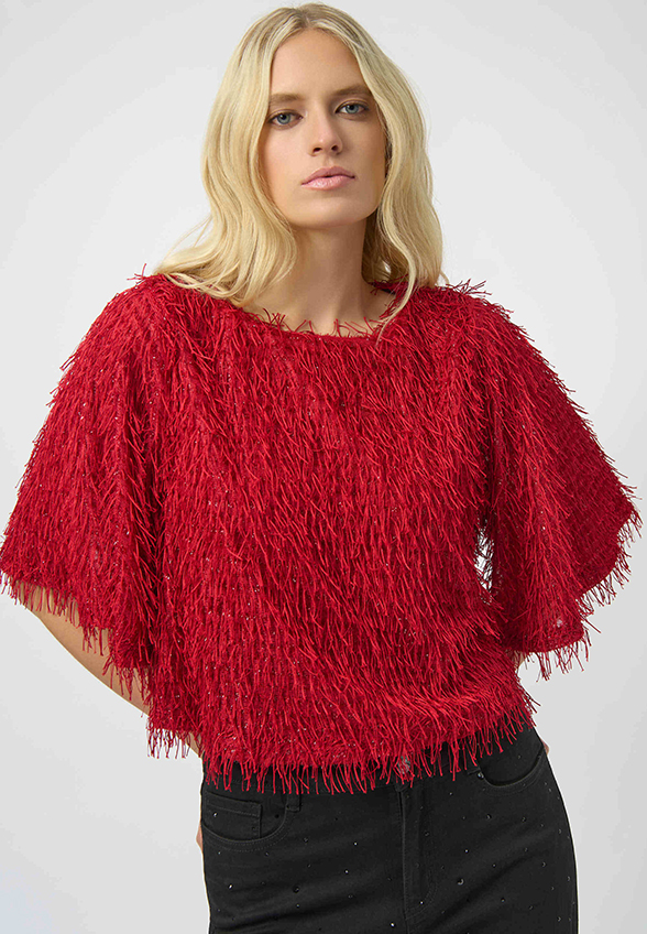 CROP TOP DZIANINOWY Z FRĘDZLAMI CIEMNA CZERWIEŃ