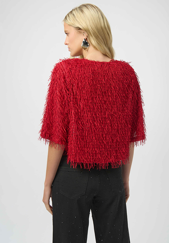 CROP TOP DZIANINOWY Z FRĘDZLAMI CIEMNA CZERWIEŃ