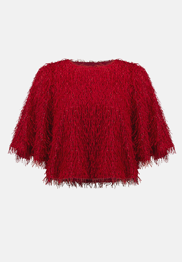 CROP TOP DZIANINOWY Z FRĘDZLAMI CIEMNA CZERWIEŃ