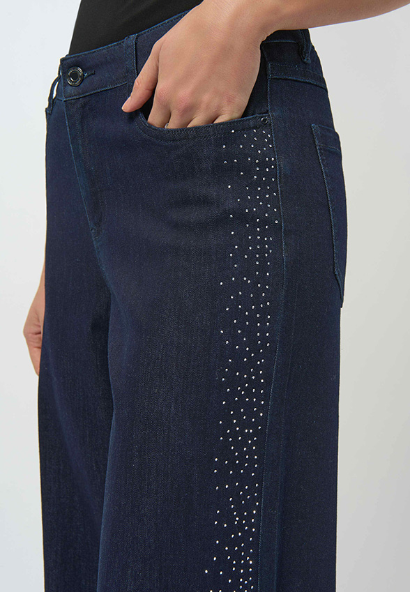 SPODNIE JEANSOWE WIDE-LEG Z KRYSZTAŁKAMI GRANATOWE