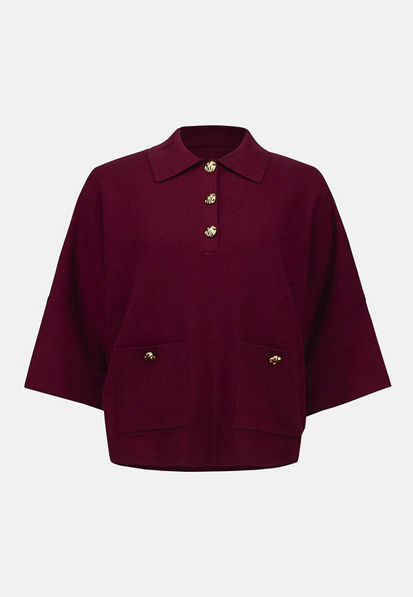 SWETER DZIANINOWY Z KOŁNIERZEM POLO BORDOWY