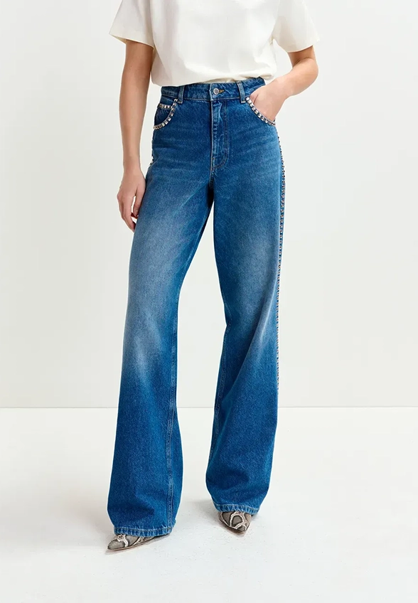 SPODNIE JEANSOWE WIDE-FIT Z ĆWIEKAMI NIEBIESKIE