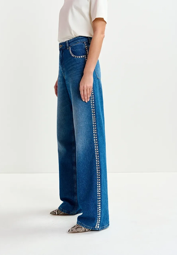 SPODNIE JEANSOWE WIDE-FIT Z ĆWIEKAMI NIEBIESKIE