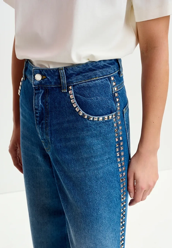 SPODNIE JEANSOWE WIDE-FIT Z ĆWIEKAMI NIEBIESKIE