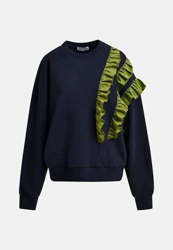 BLUZA Z ASYMETRYCZNĄ FALBANĄ GRANATOWA