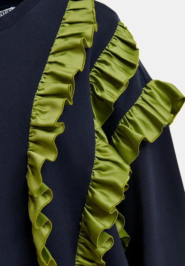 BLUZA Z ASYMETRYCZNĄ FALBANĄ GRANATOWA