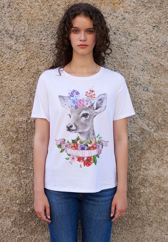 T-SHIRT BAWEŁNIANY Z MOTYWEM JELENIA BIAŁY