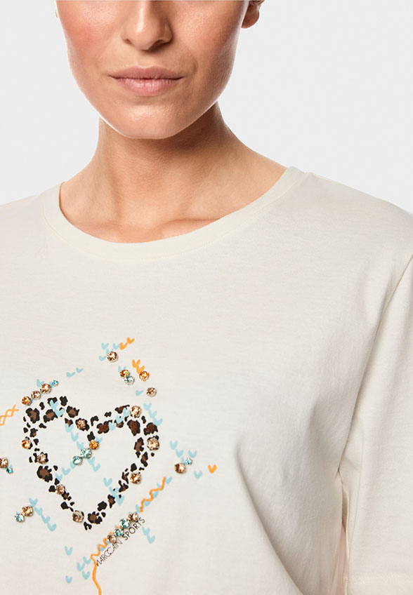 T-SHIRT Z NADRUKIEM I APLIKACJĄ KREMOWY