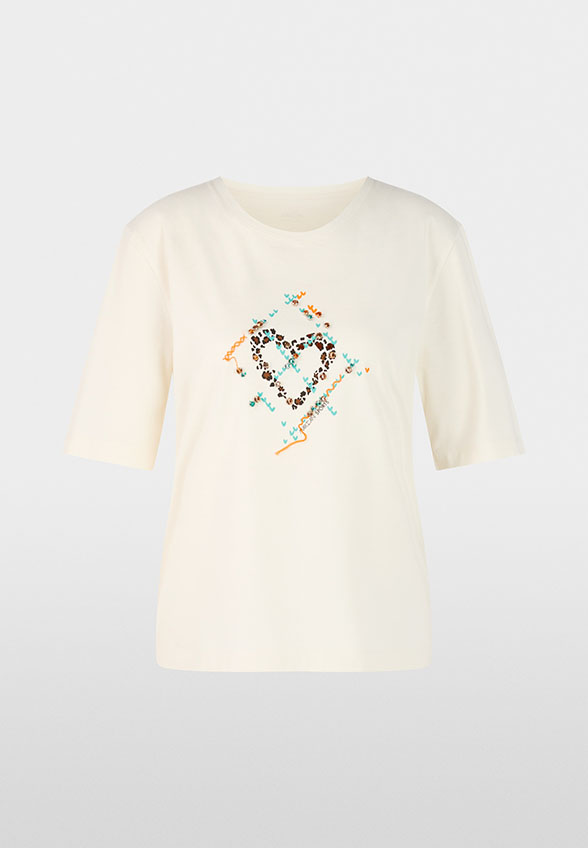 T-SHIRT Z NADRUKIEM I APLIKACJĄ KREMOWY