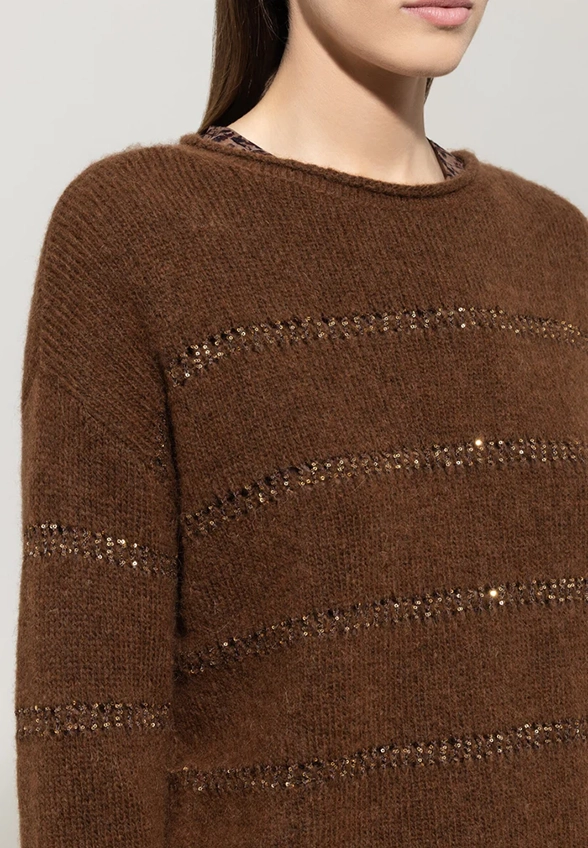 SWETER Z BŁYSZCZĄCYMI CEKINAMI BRĄZOWY
