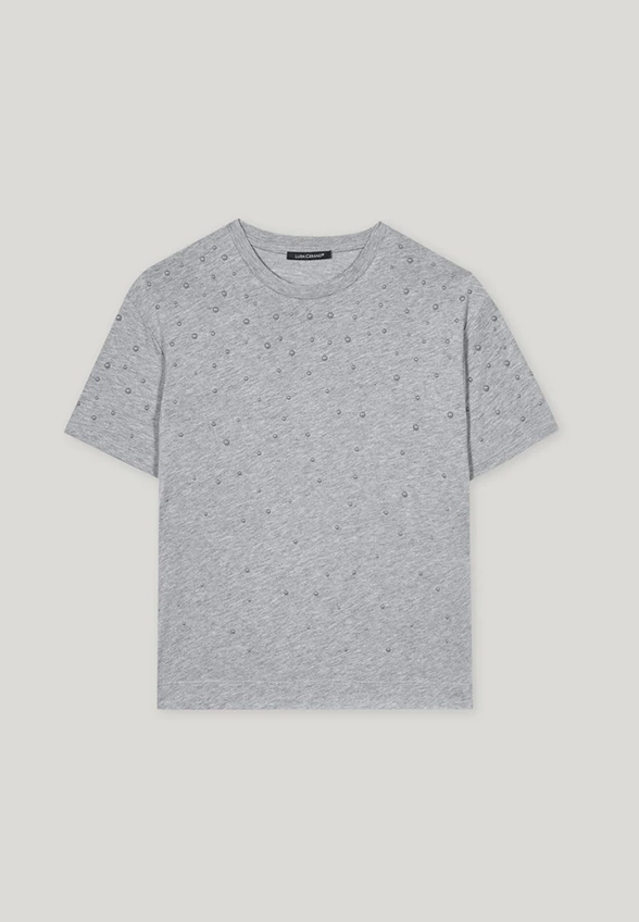 T-SHIRT Z PERŁOWYMI DETALAMI SZARY