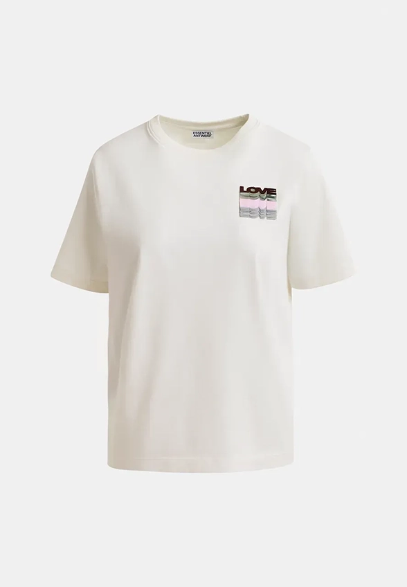 T-SHIRT Z CEKINOWYM HAFTEM KREMOWY