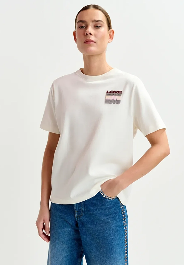 T-SHIRT Z CEKINOWYM HAFTEM KREMOWY