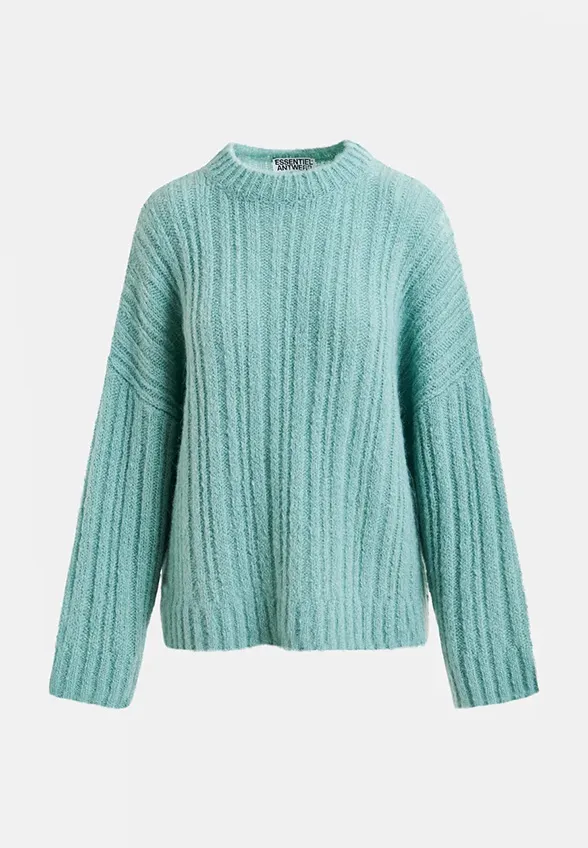 SWETER Z PUSZYSTEJ DZIANINY Z KOKARDĄ BŁĘKITNY