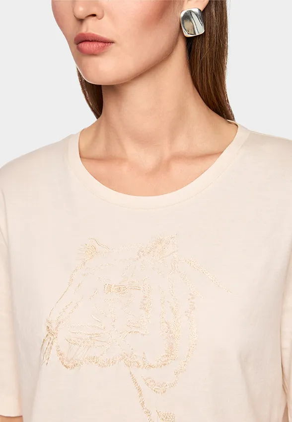 T-SHIRT Z KORALIKOWYM HAFTEM KREMOWY
