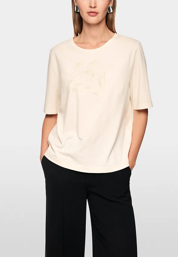 T-SHIRT Z KORALIKOWYM HAFTEM KREMOWY