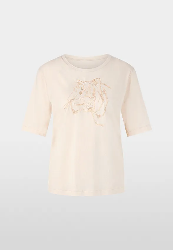 T-SHIRT Z KORALIKOWYM HAFTEM KREMOWY