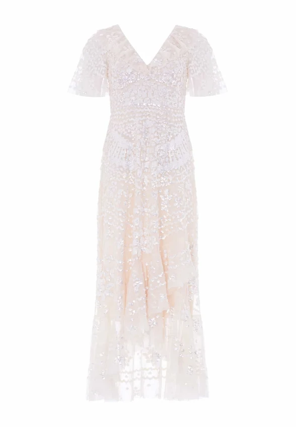 SUKIENKA ANAISSEQUIN FRILL ANKLE GOWN KREMOWA