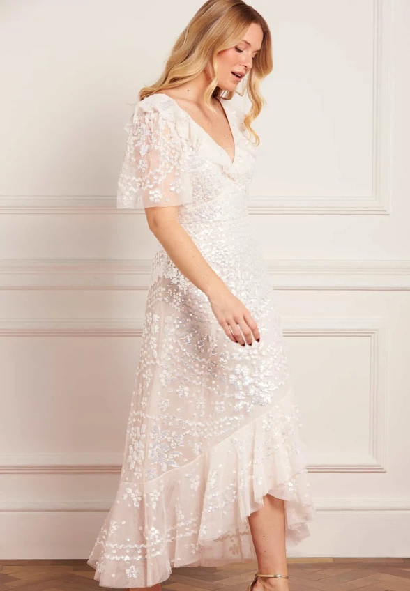 SUKIENKA ANAISSEQUIN FRILL ANKLE GOWN KREMOWA
