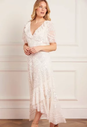 SUKIENKA ANAISSEQUIN FRILL ANKLE GOWN KREMOWA