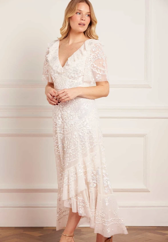 SUKIENKA ANAISSEQUIN FRILL ANKLE GOWN KREMOWA