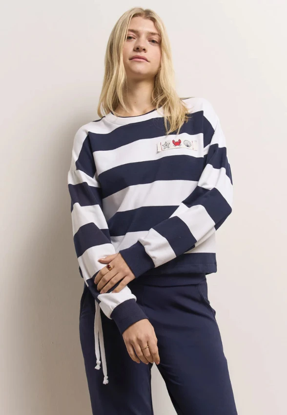 BLUZA W PASKI ZE ŚCIĄGACZEM GRANATOWA