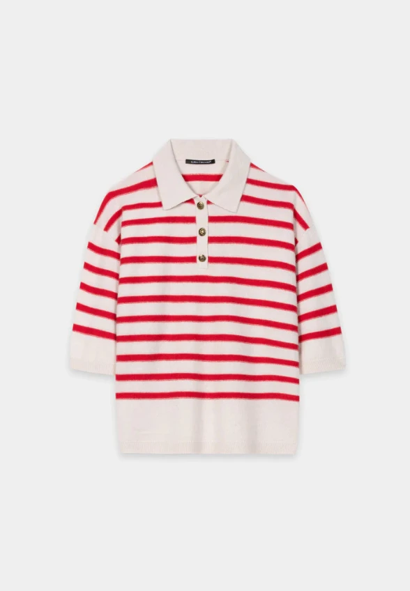 SWETER POLO W PASKI CZERWONO-BIAŁY