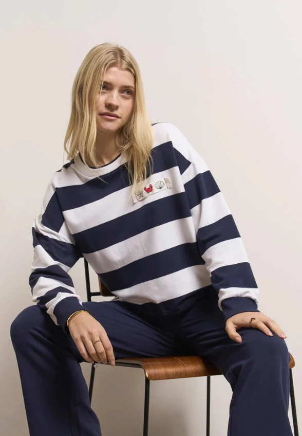 BLUZA W PASKI ZE ŚCIĄGACZEM GRANATOWA